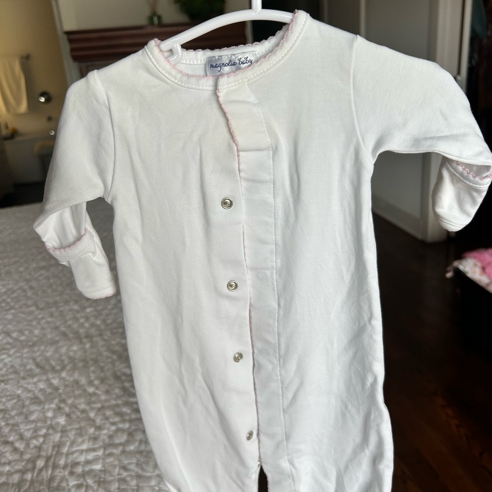 Magnolia Baby White Onesie with Pink Trim